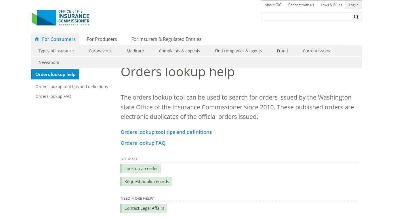 Orders lookup help | Washington state Office of the Insurance Commissioner